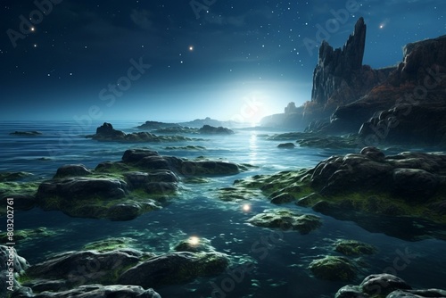 Rocky Beach at Low Tide with Bioluminescent Plankton in the Water photo