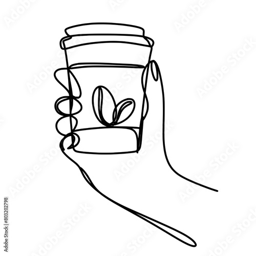 Hand holding coffee cup one line art