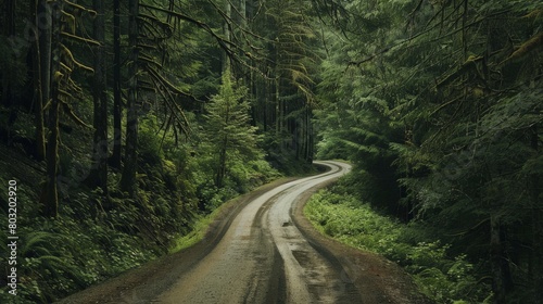 A photo of a road going through a lush green forest. photo