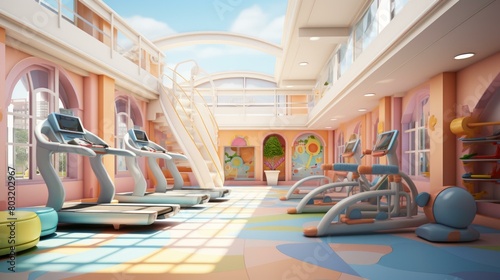 A colorful and inviting children's gym with various exercise equipment. photo