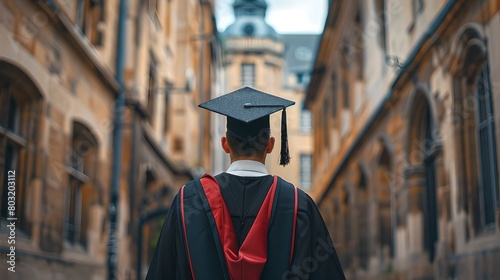 Graduation Day: A Student in Cap and Gown, Pride and Accomplishment. Celebrating Academic Success. University Campus Ceremony. Commencement Day. AI