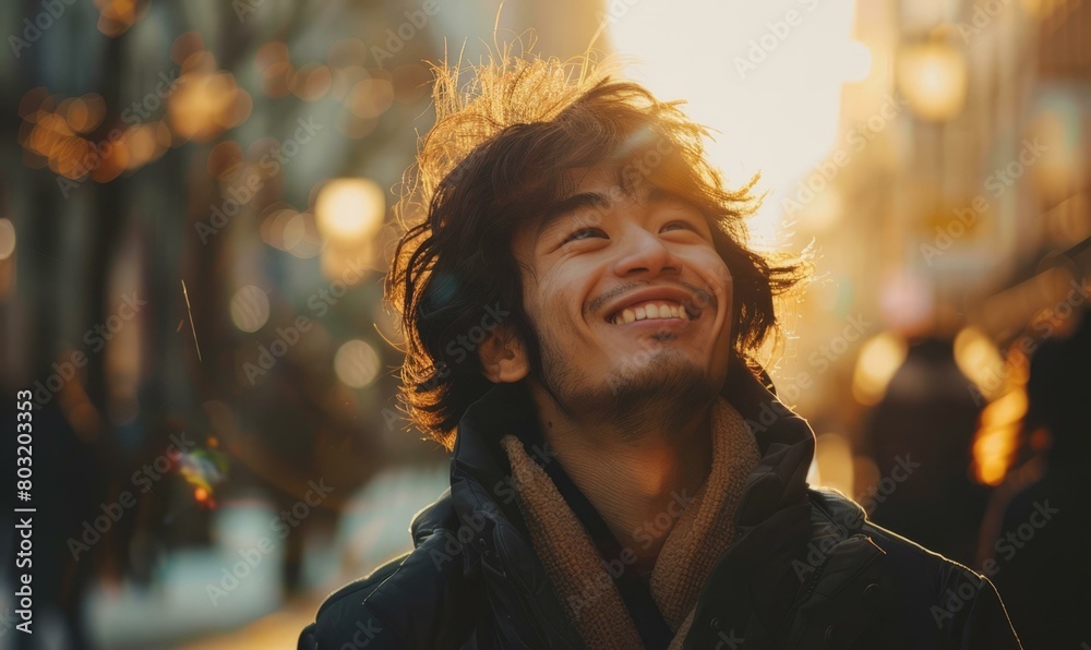 A young man smiles as he looks up at something off camera A young man smiles as he looks up at something off camera