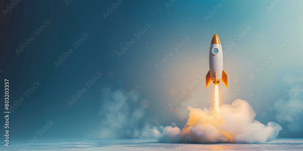 Naklejka premium Rocket ship launching into space with a starry background
