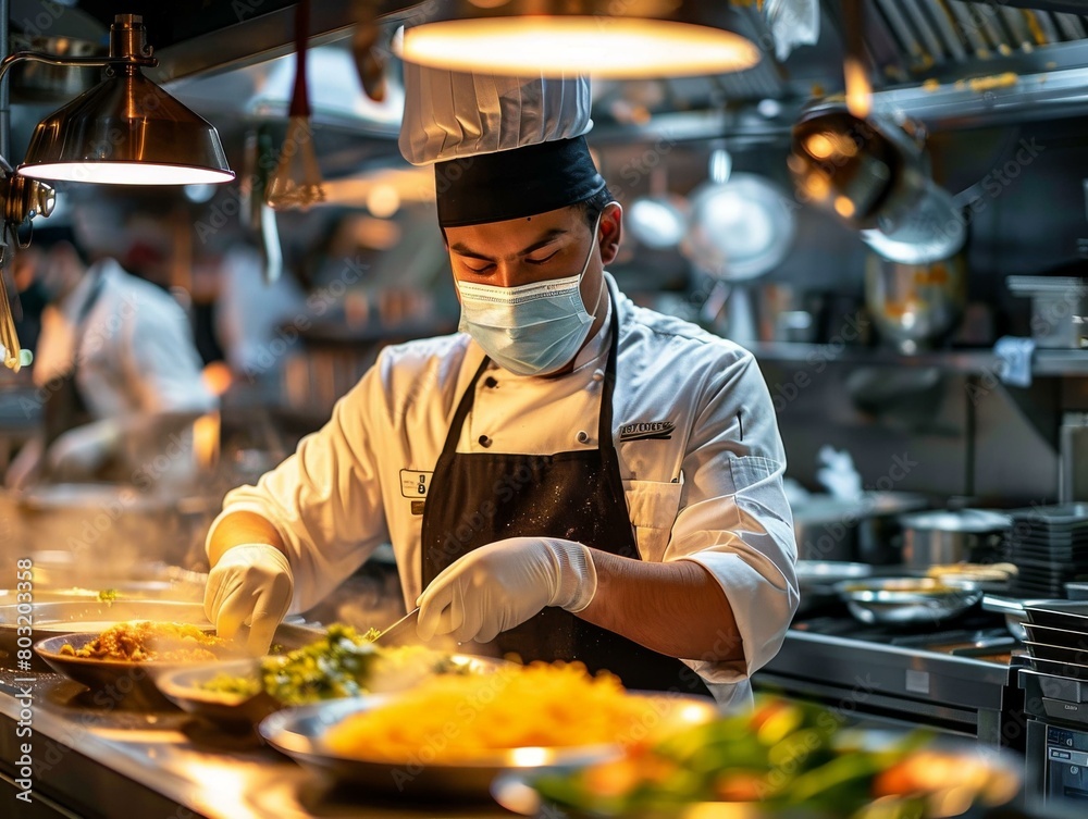 Chef wearing a mask and gloves while preparing food in a commercial kitchen Chef wearing a mask and gloves while preparing food in a commercial kitchen
