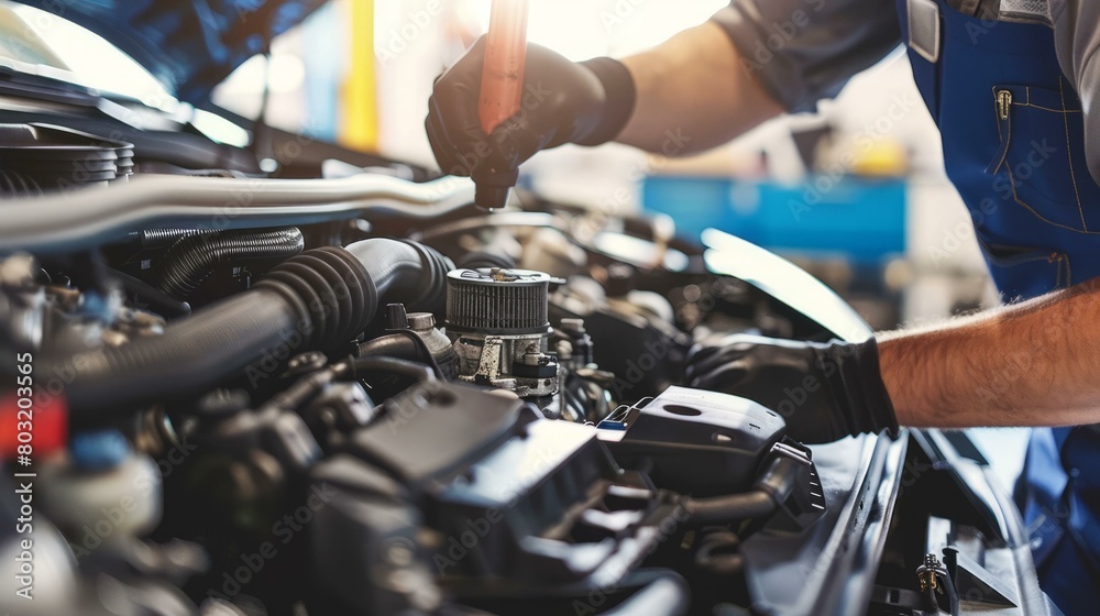 Car engine repair and maintenance by a mechanic in a garage Car engine repair and maintenance by a mechanic in a garage