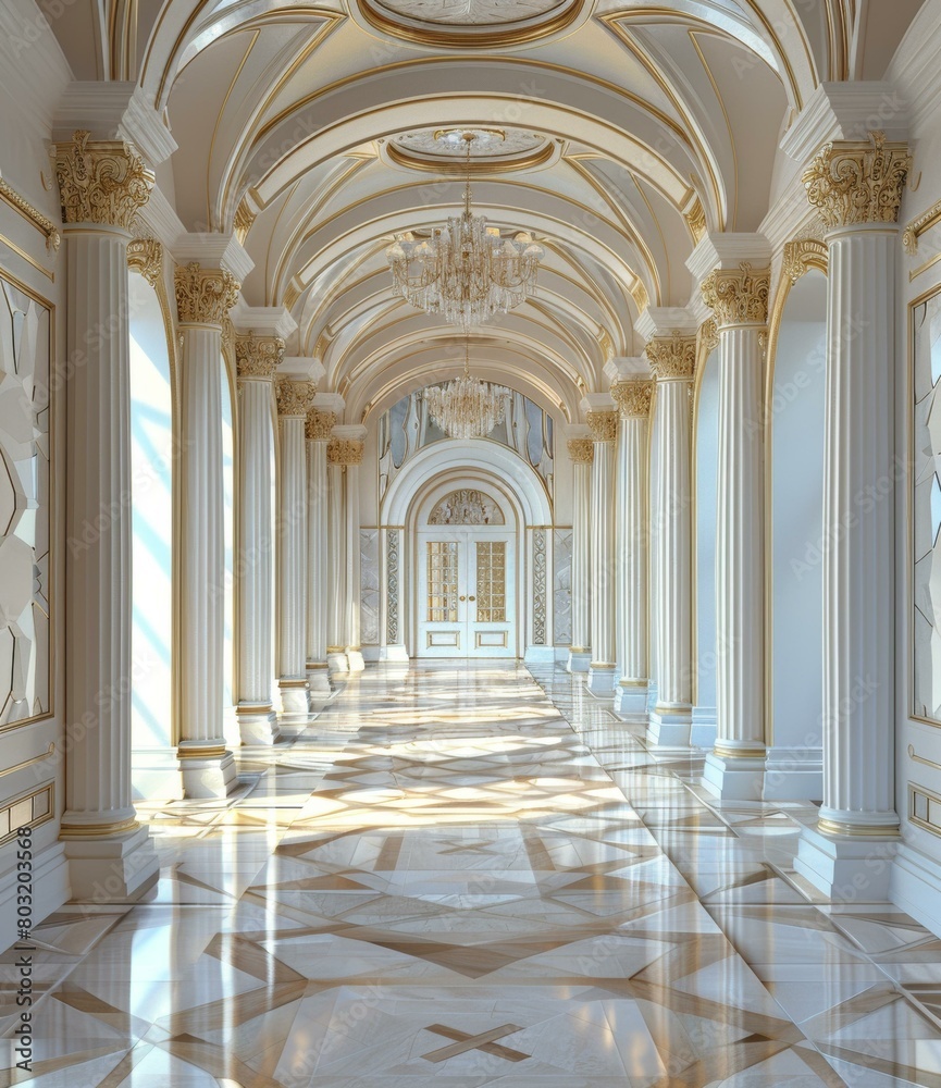 A long hallway with marble floors, columns, and a crystal chandelier