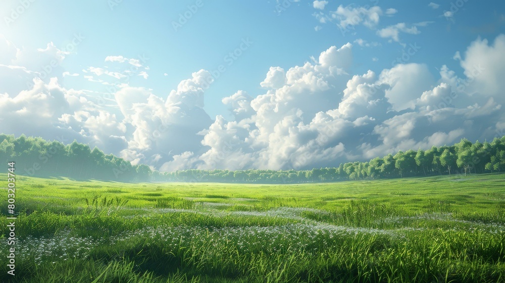 The vast green field under the blue sky and white clouds