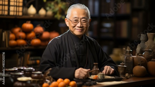 Portrait of a venerable elderly Asian man in a black robe with white hair and glasses sitting at a table with traditional Chinese objects photo