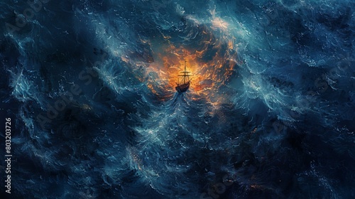 A ship is sailing in the rough sea with a stormy sky