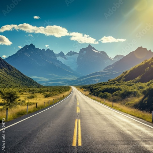 Scenic view of an empty asphalt road through a valley towards snow-capped mountains under a blue sky with white clouds