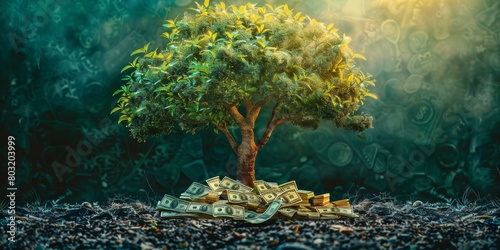 Surreal painting of a money tree with stacks of money under it