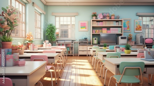 Classroom with pink and green accents