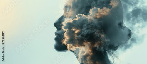 Double exposure of woman face and smoke, depression, stress, mental health, overwork, anxiety issues concept.
 photo