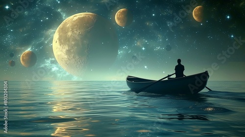 Man rowing boat on sea with large moon in background photo