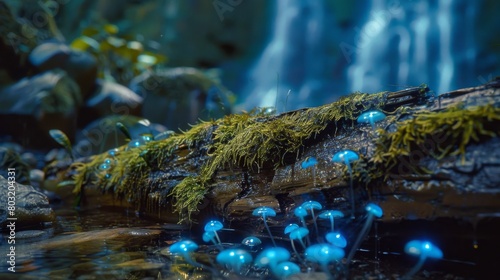 Moss-covered log with glowing blue mushrooms by a forest waterfall