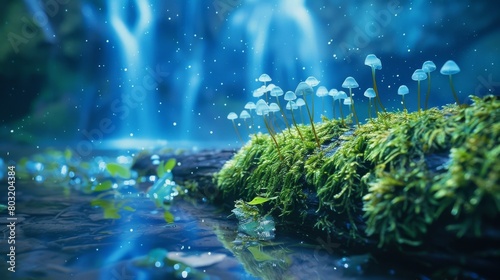 Moss-covered log with glowing blue mushrooms by a forest waterfall