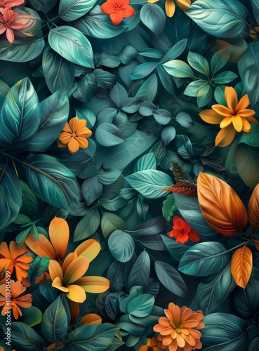 Wallpaper Mural Green leaves and orange flowers Torontodigital.ca