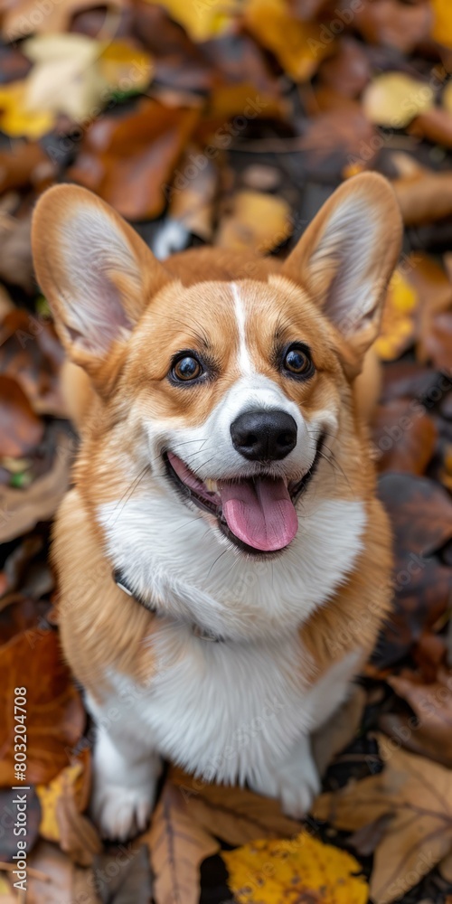 A happy corgi sits in a pile of fallen leaves