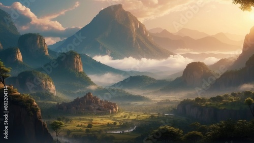Artistic illustration of mountain and valley fantasy style