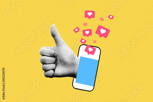Social media like icons with halftone hand thumb up appearing from smartphone collage banner. Modern grunge cut out elements. Popularity, feedback, influence. Vector illustration