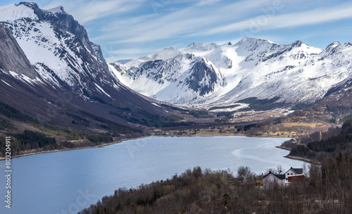 Obraz na płótnie Panorama view of the Bjærangfjorden in April in Nordland county, Norway w salonie