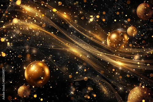 festive christmas background with sparkling golden streamers and shiny baubles abstract