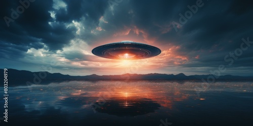 A UFO hovers over a lake at sunset photo
