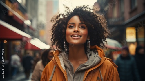 Portrait of a beautiful young woman smiling in the city © Adobe Contributor