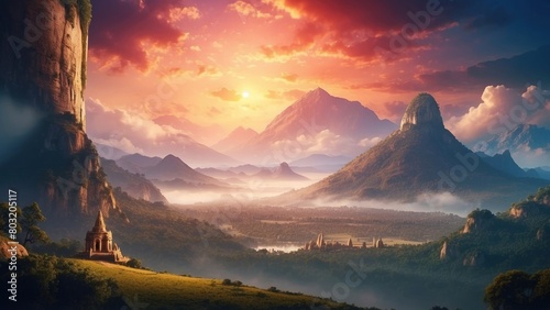 Artistic illustration of mountain and valley fantasy style photo