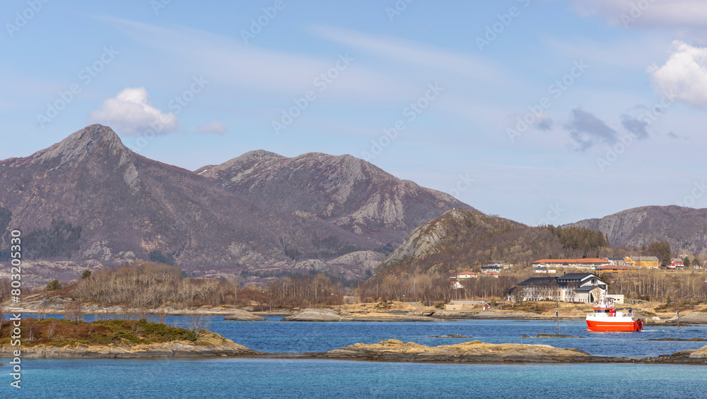 Drone shot over the islands of Storoya, Hestoya, Amnoya and Gronnoya in Nordland county, Norwa