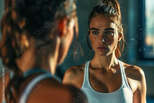 fit sportswoman reflecting in gym mirror determination and selfmotivation