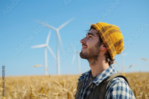 A dynamic image of a young farmer in a field, looking optimistic and futuristic with wind turbines in the background © imlane