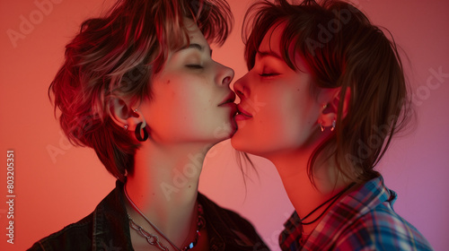Two queer women sharing a kiss under a red light, showcasing modern style.