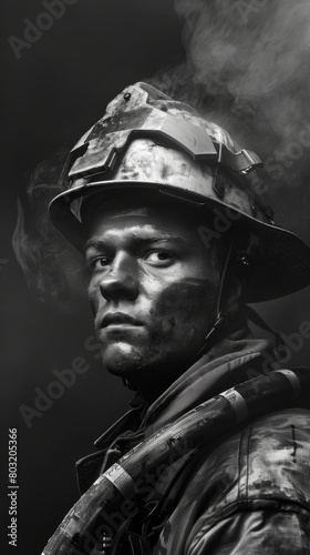 Black and white image of a man wearing a firemans helmet