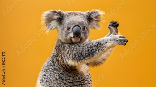 Playful Koala Dabbing on Vivid Ochre Background with Ample Copy Space