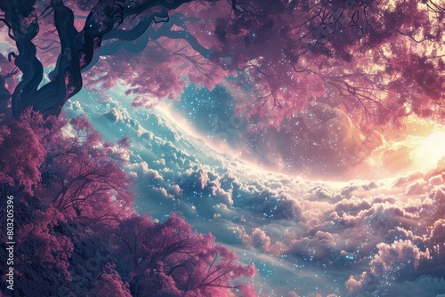 Fantasy landscape with pink clouds and cherry blossom trees