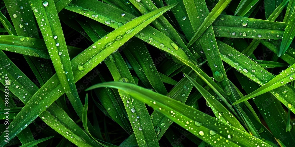 Close-up of green grass blades with water droplets Close-up of green grass blades with water droplets