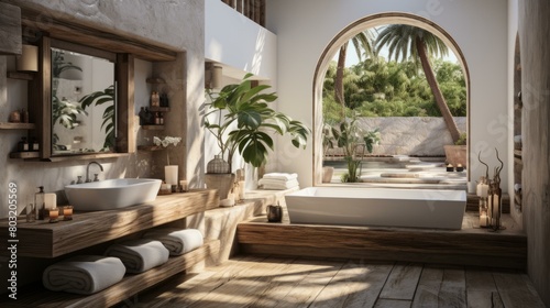 Bathroom With Large Bathtub and Tropical View photo