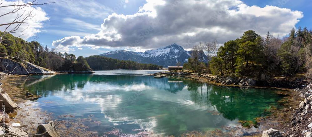 Idyllically located cabin on the fjord between the two islands of Hestoya and Gronnoya in Nordland county, Norway
