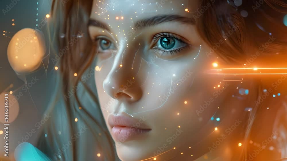 Close-up of a woman with digital biometric overlays, symbolizing advanced technology. Close-up of a woman with digital biometric overlays, symbolizing advanced technology.