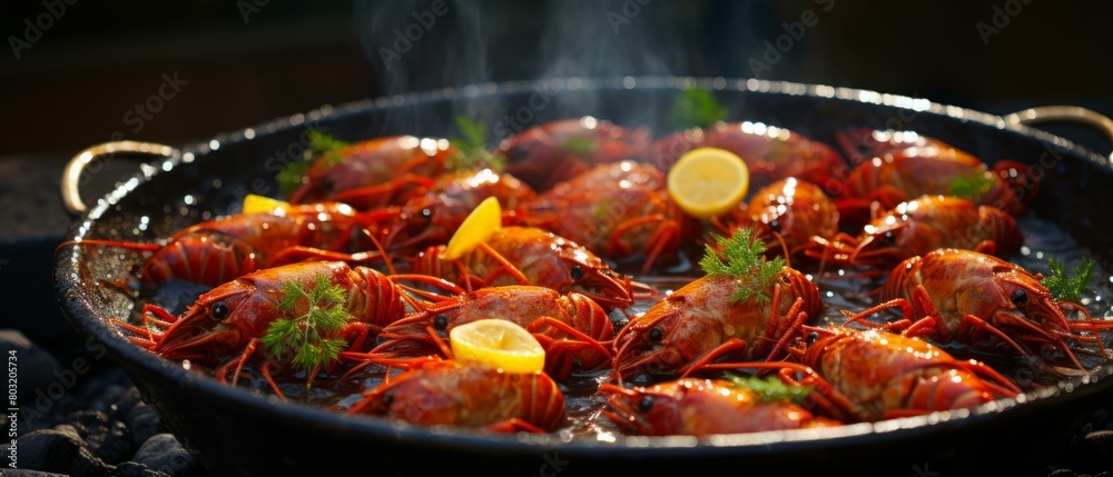 A delicious plate of crayfish with lemon and dill