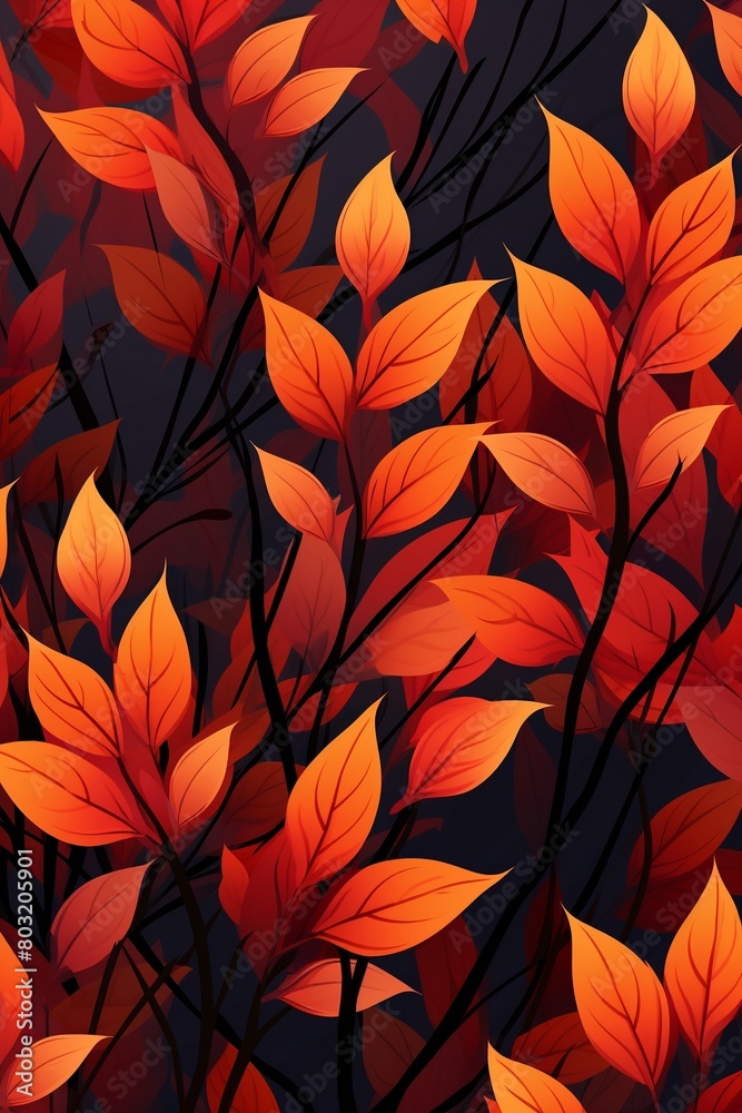 Fototapeta premium Autumn vermillion prints, deep fiery hues, repeating seamless pattern for warm, inviting greeting cards , vector and illustrations