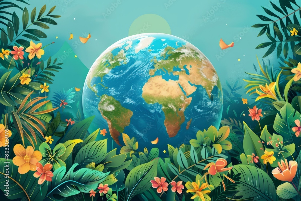 Naklejka premium lush foliage and flowers surround a globe