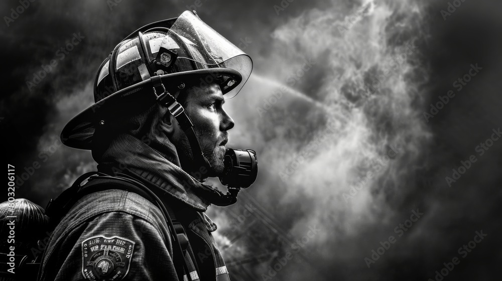 Black and white photo of firefighter Jhonny in uniform
