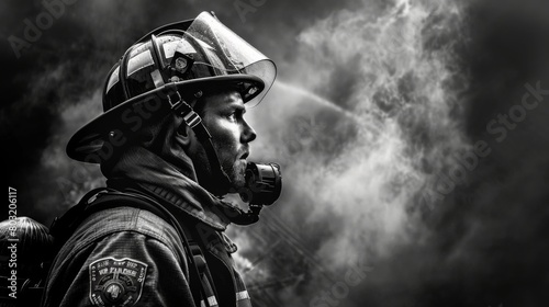 Black and white photo of firefighter Jhonny in uniform photo