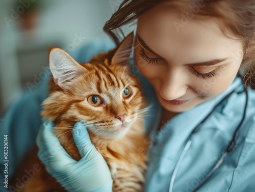 Close-up of a ginger cat being examined by a veterinarian