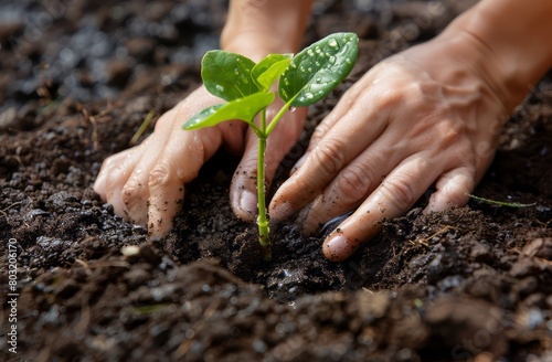 A pair of hands planting an unformed seedling into rich soil, symbolizing the beginning and growth process in nature photo