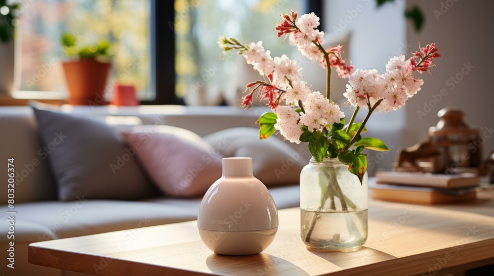 A beautiful flower vase sitting on a table near a couch.