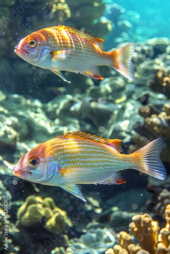 Two colorful fish swimming in a coral reef