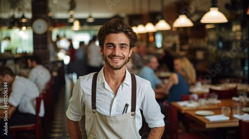 Portrait of a happy young male waiter in a busy restaurant